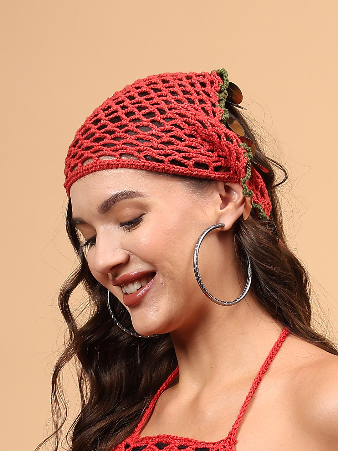 Women Crochet Embellished Head Scarf - Red