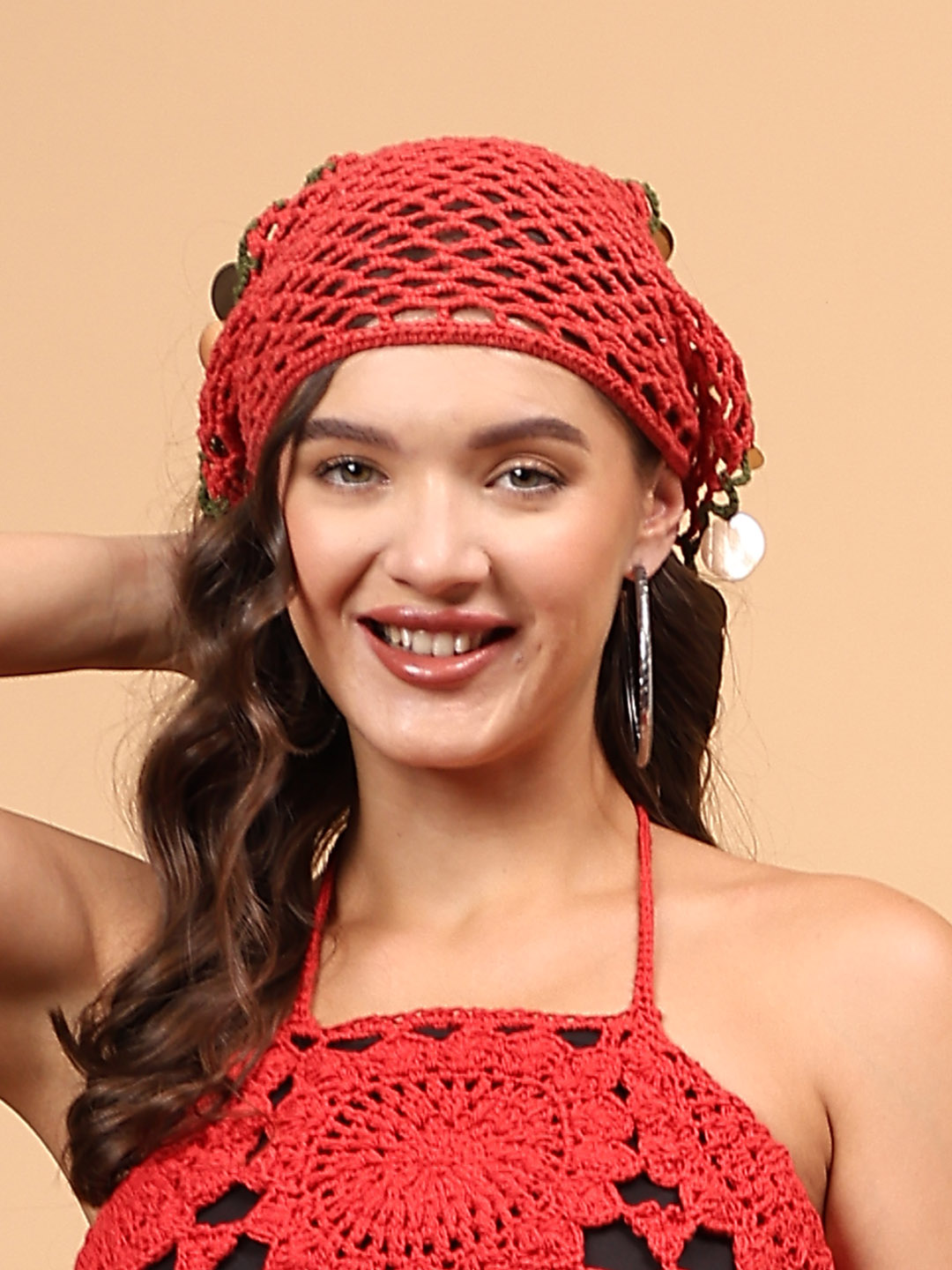 Women Crochet Embellished Head Scarf - Red