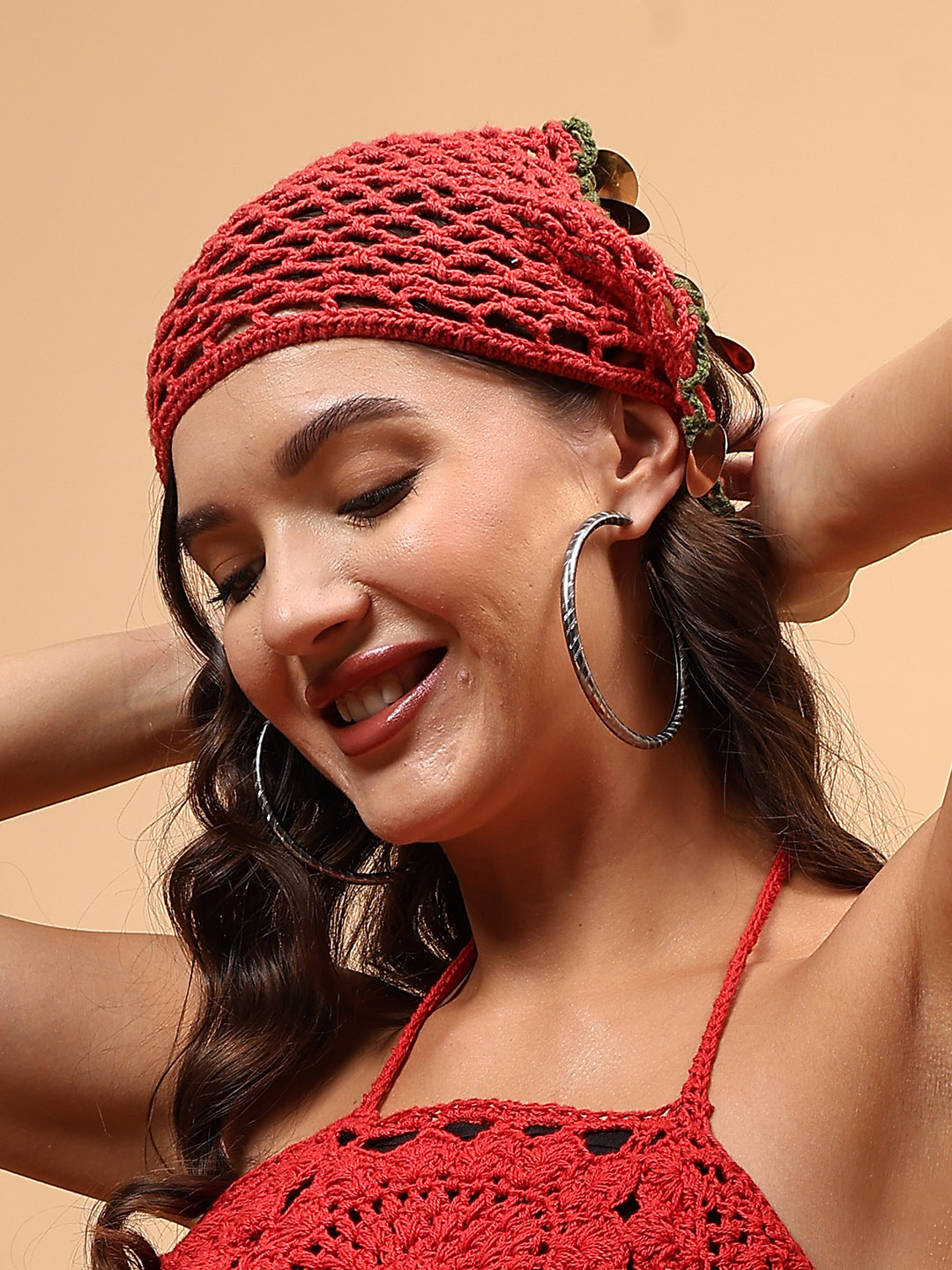 Women Crochet Embellished Head Scarf - Red