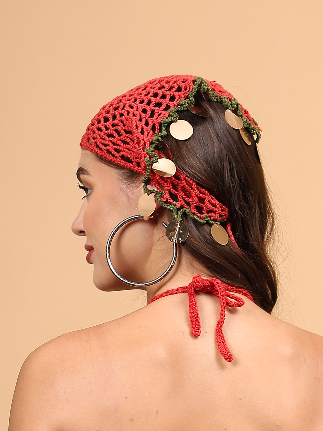 Women Crochet Embellished Head Scarf - Red
