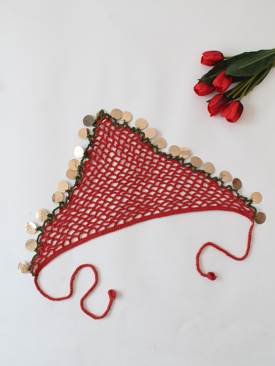 Women Crochet Embellished Head Scarf - Red