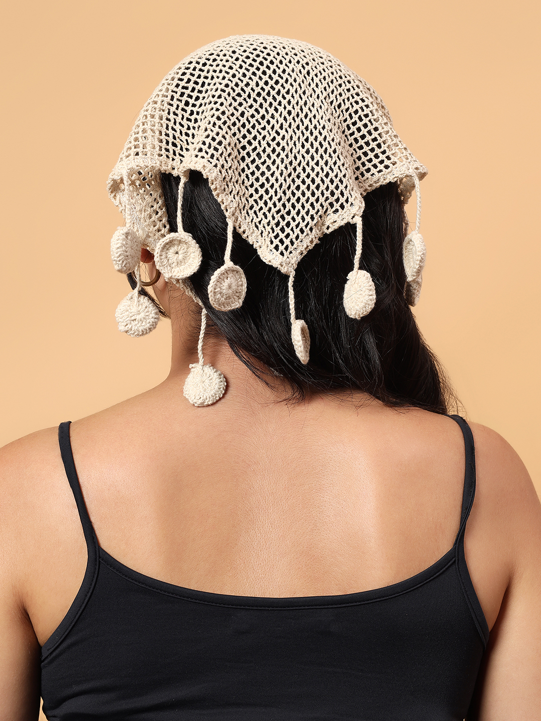 Velvery Tassels Crochet Bandana  Cream