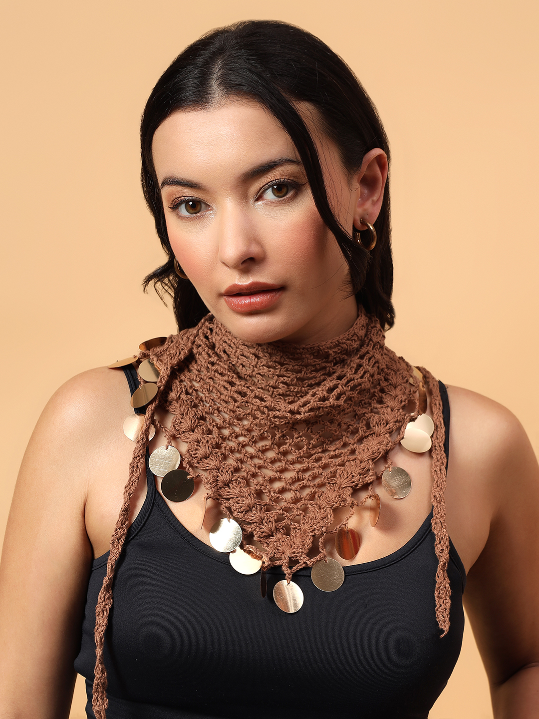 Velvery Embellished Crochet Bandana  Beige
