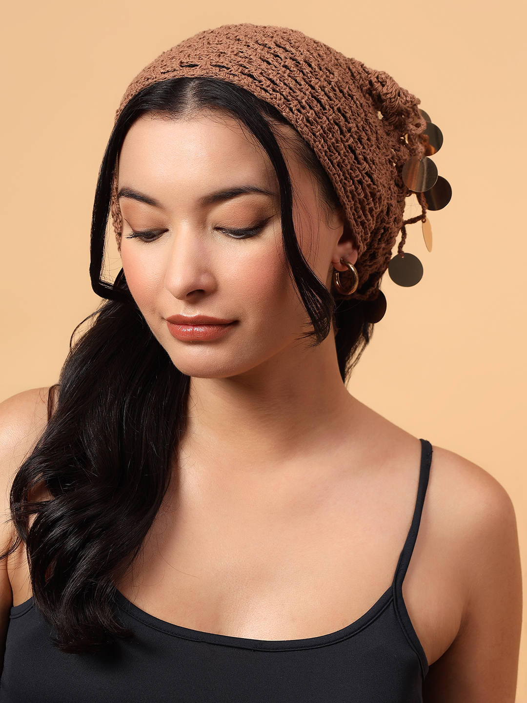 Velvery Embellished Crochet Bandana  Beige