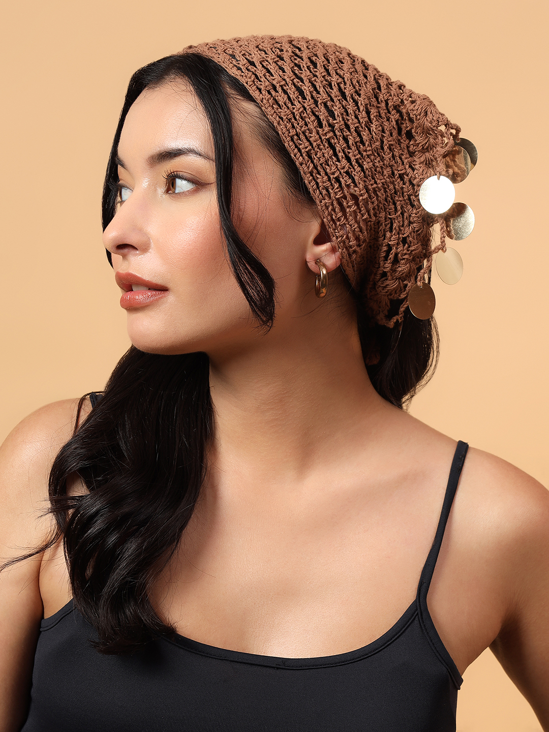 Velvery Embellished Crochet Bandana  Beige