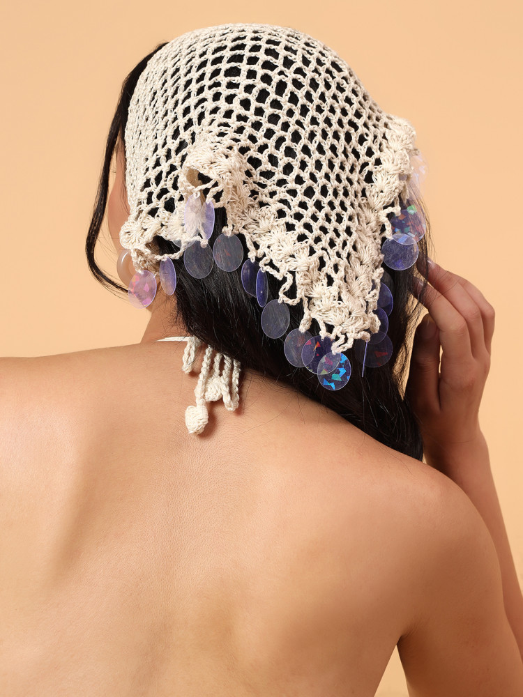 Image of Velvery Embellished Crochet Bandana - Cream