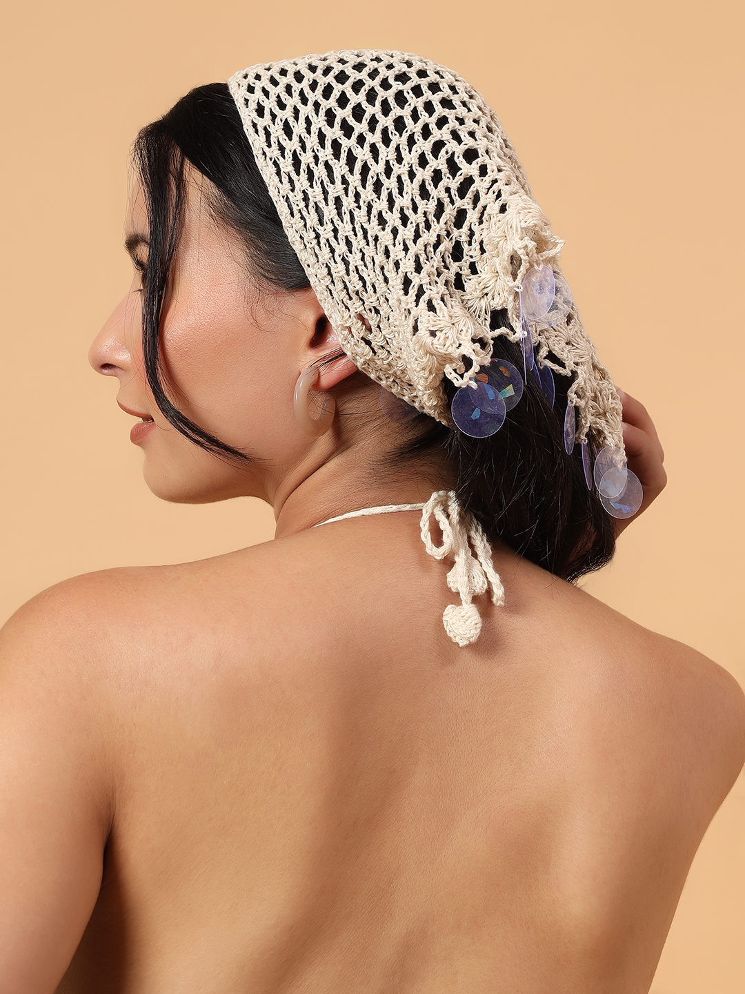 Velvery Embellished Crochet Bandana  Cream