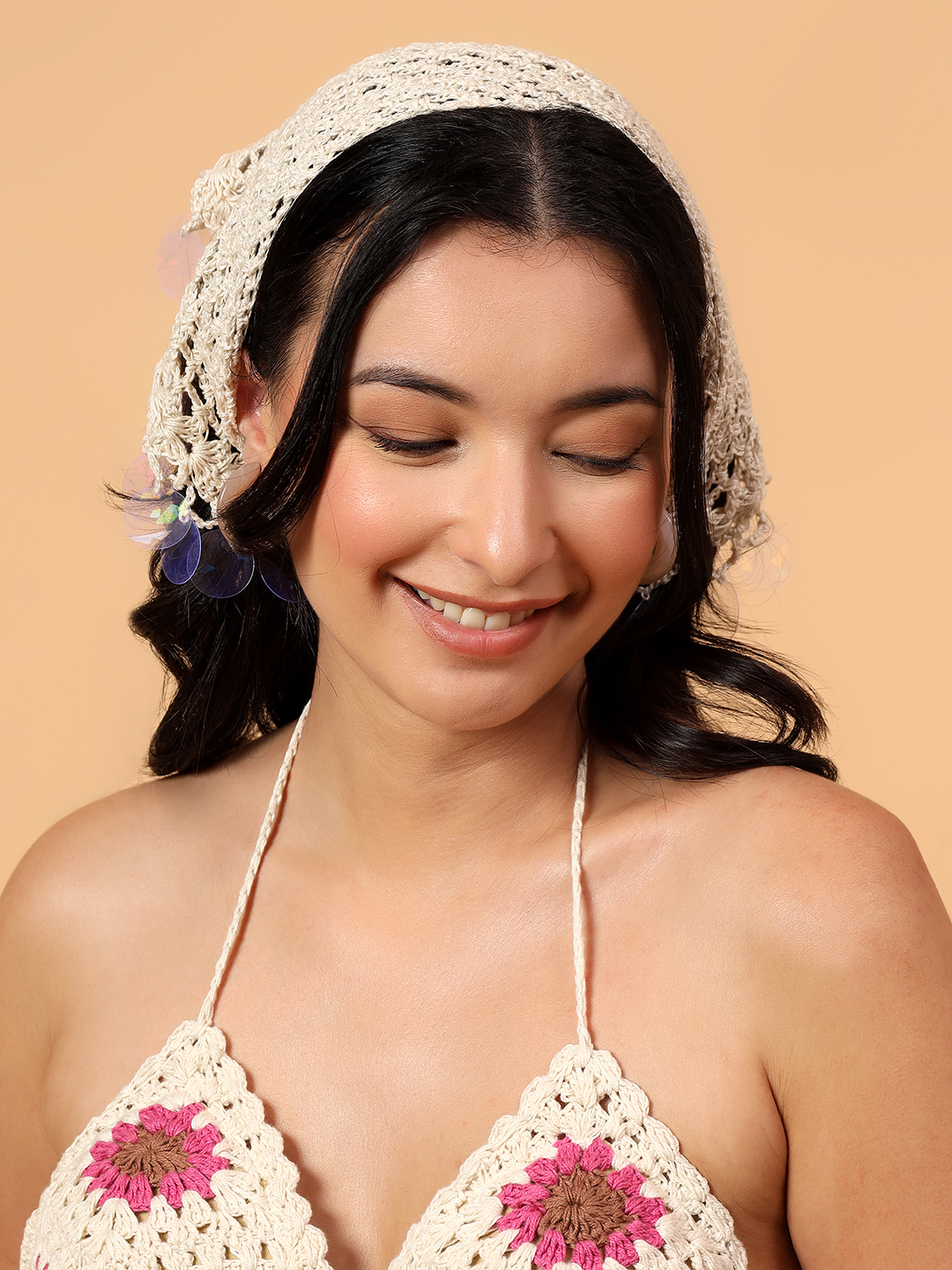 Velvery Embellished Crochet Bandana  Cream