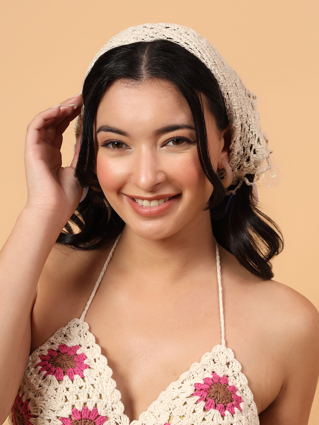 Velvery Embellished Crochet Bandana  Cream