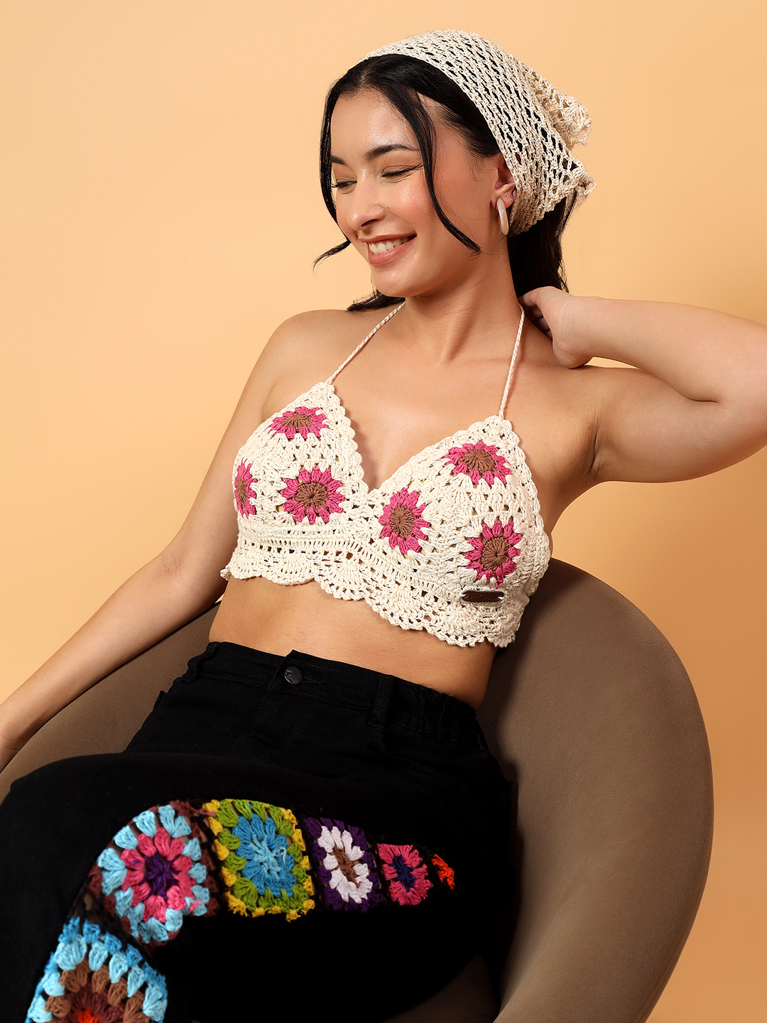 Velvery Embellished Crochet Bandana  Cream