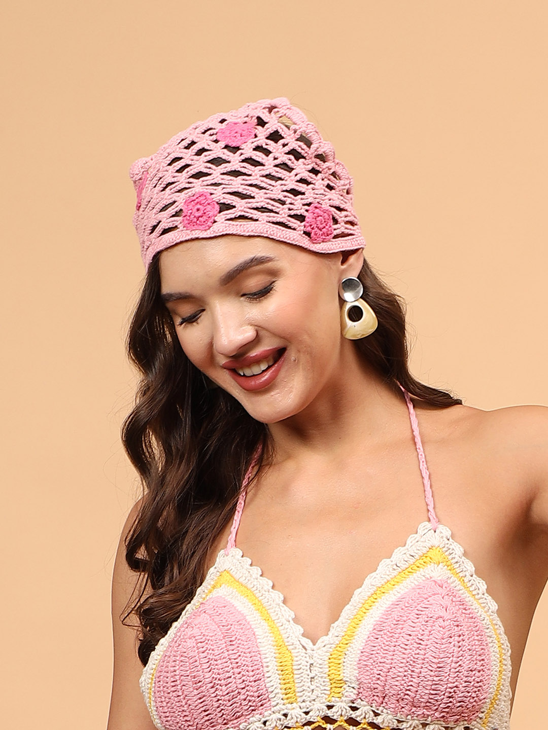 Daisy Crochet Head Scarf - Pink
