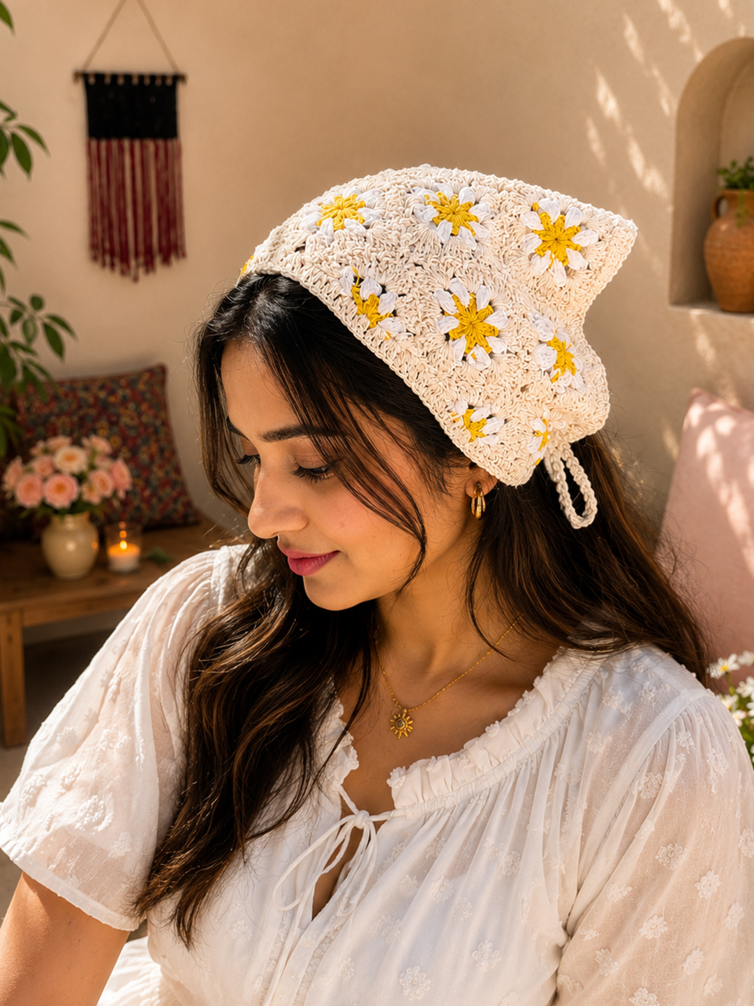 Women Crochet Daisy Head Scarf - Cream
