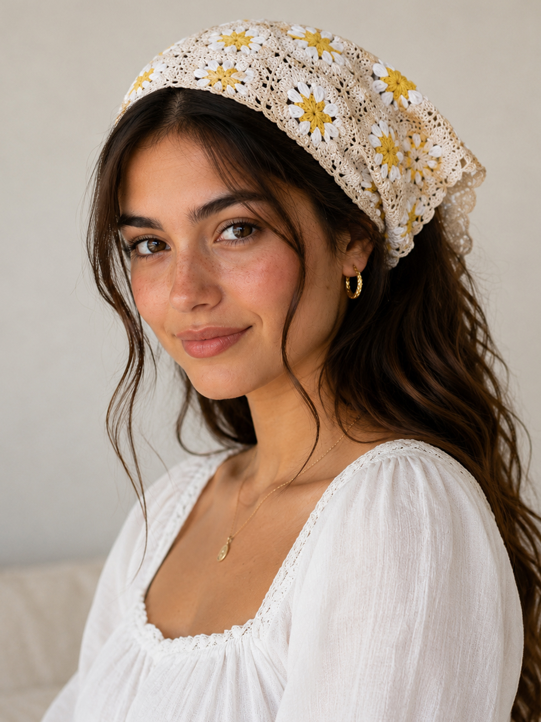 Women Crochet Daisy Head Scarf - Cream
