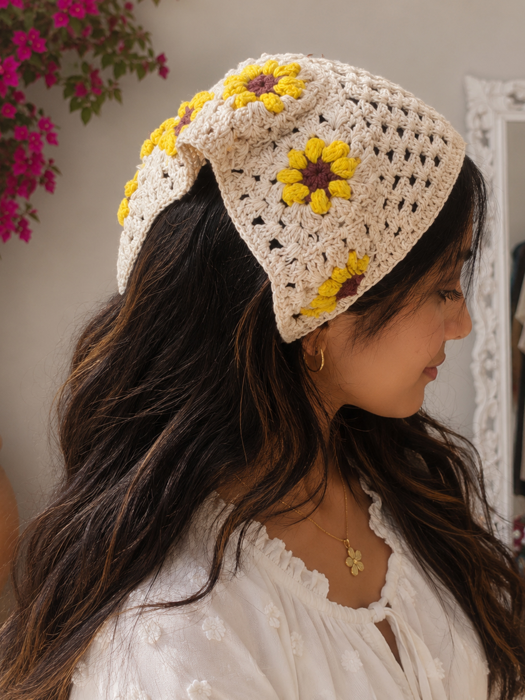 Women Crochet Sunflower Head Scarf - Cream