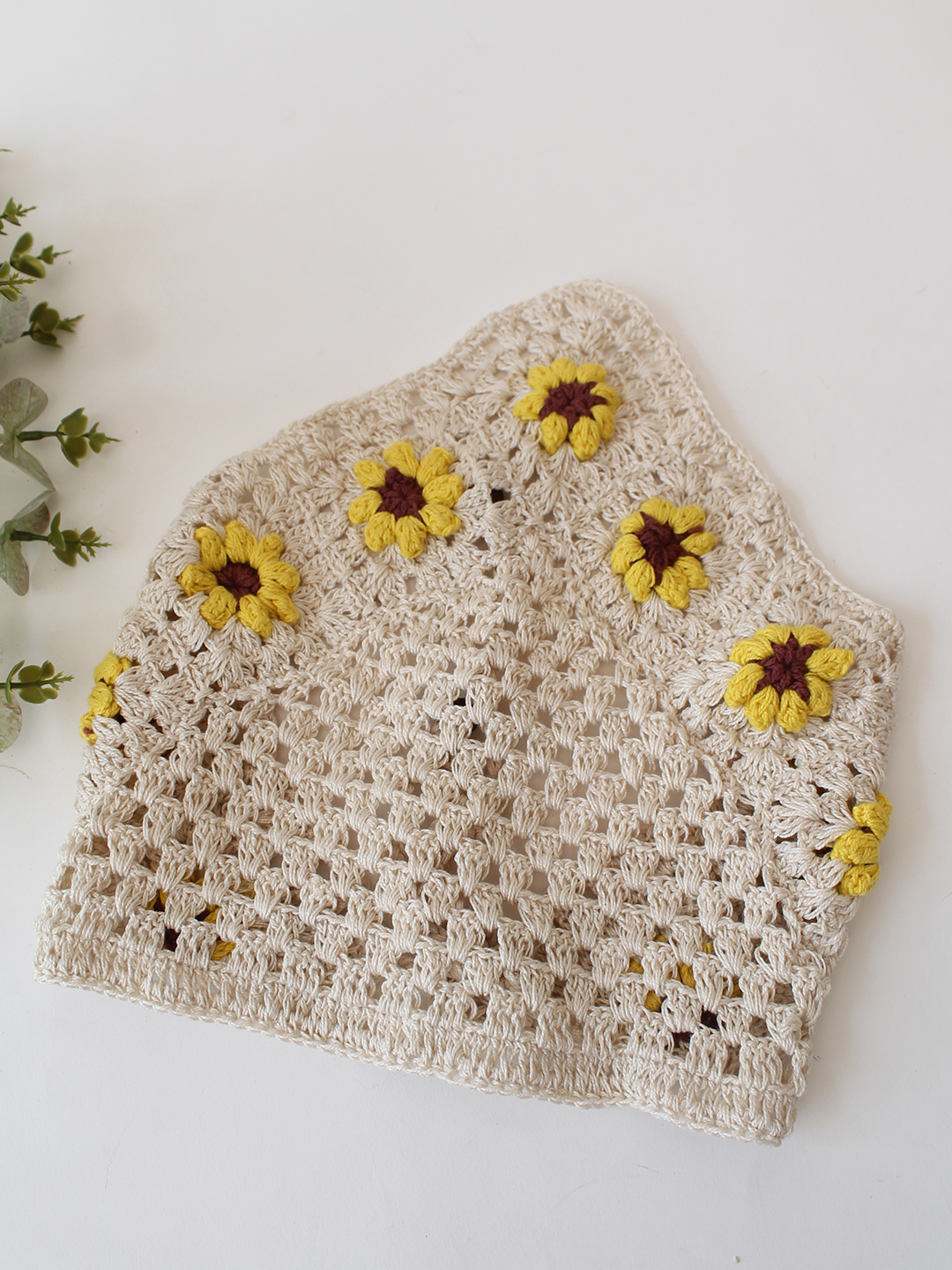 Women Crochet Sunflower Head Scarf - Cream