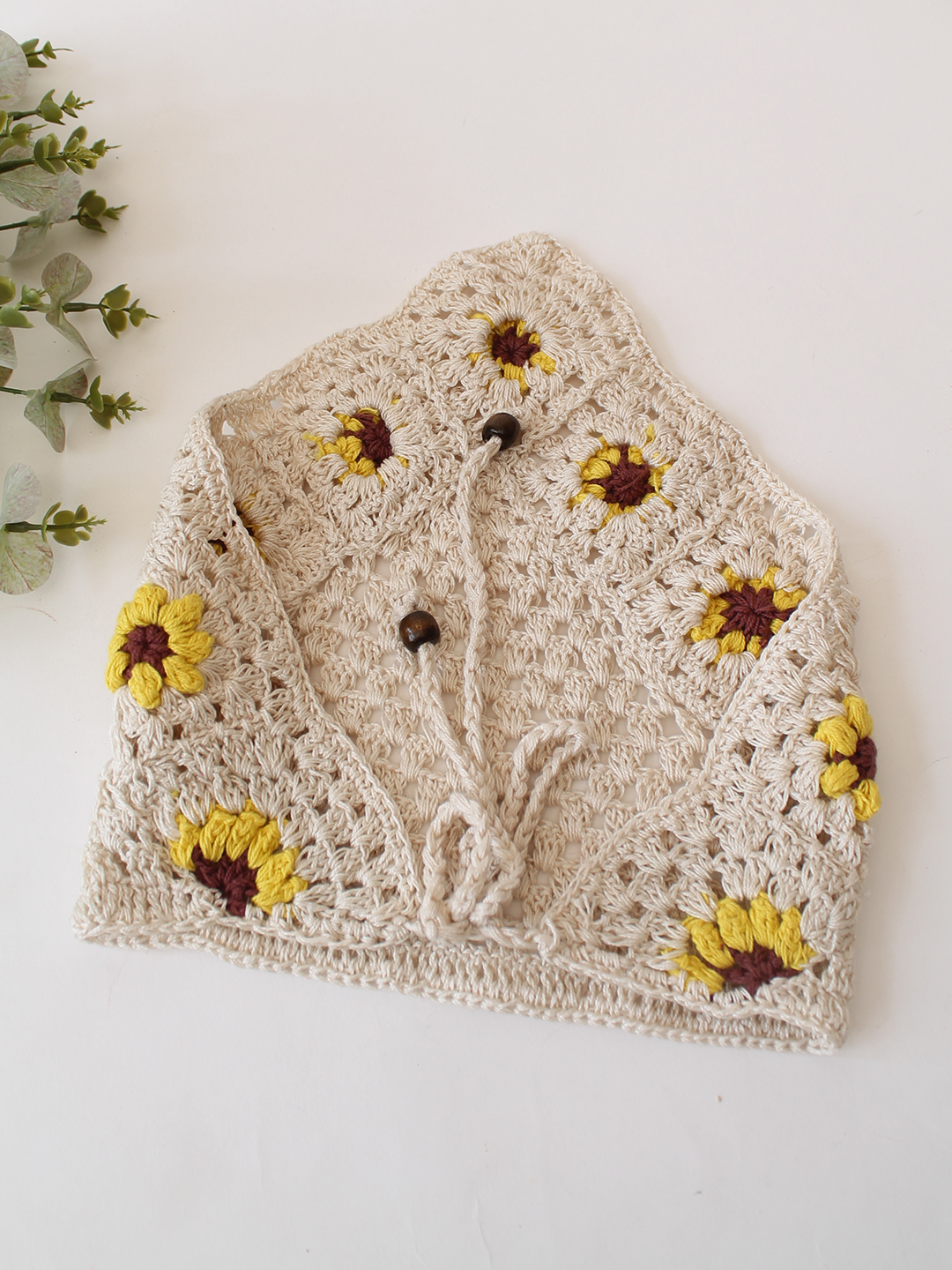 Women Crochet Sunflower Head Scarf - Cream