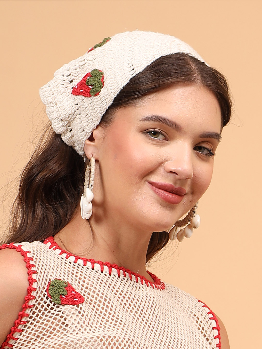 Women Crochet Strawberry Head Scarf - Offwhite