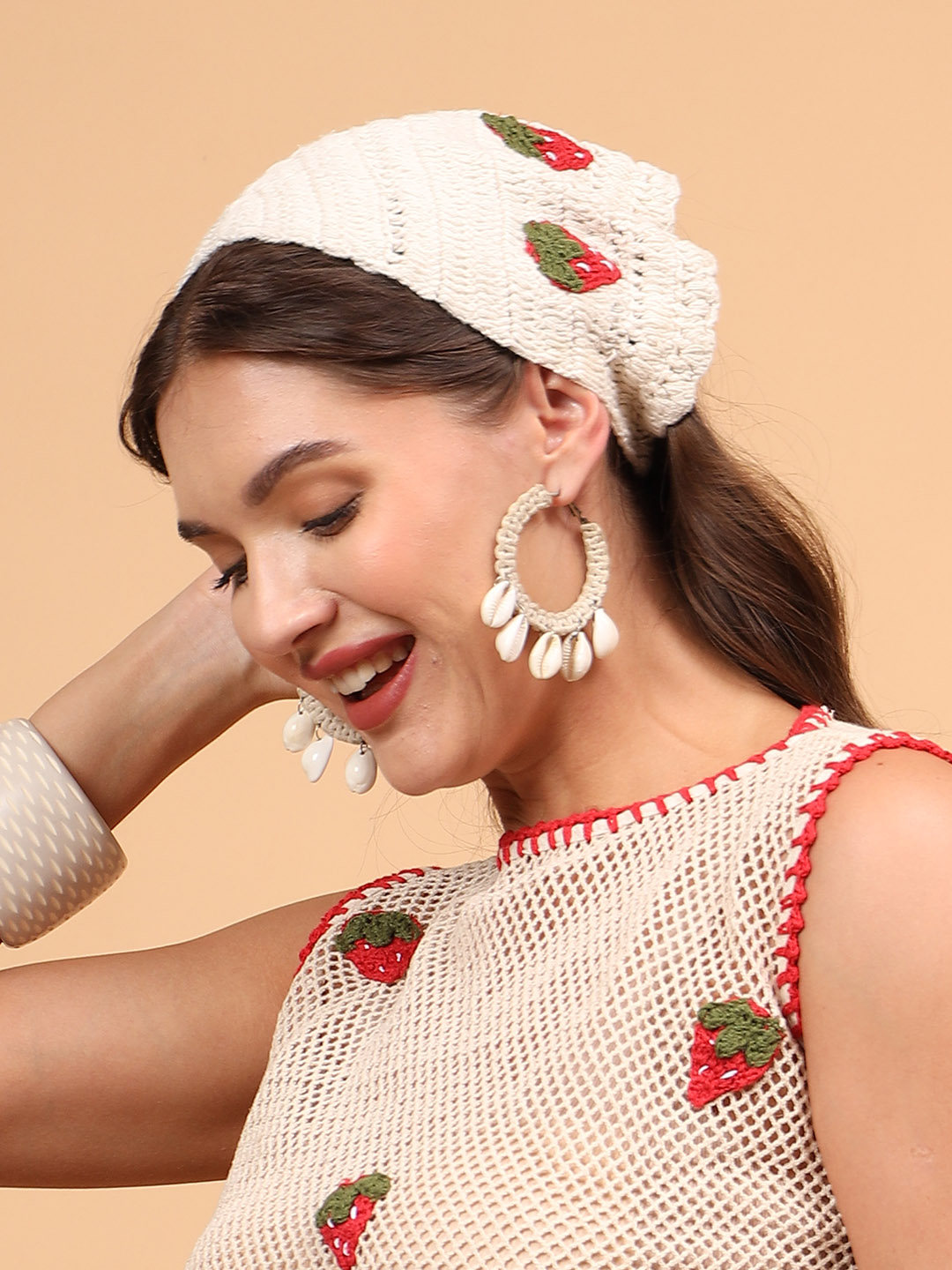 Women Crochet Strawberry Head Scarf - Offwhite