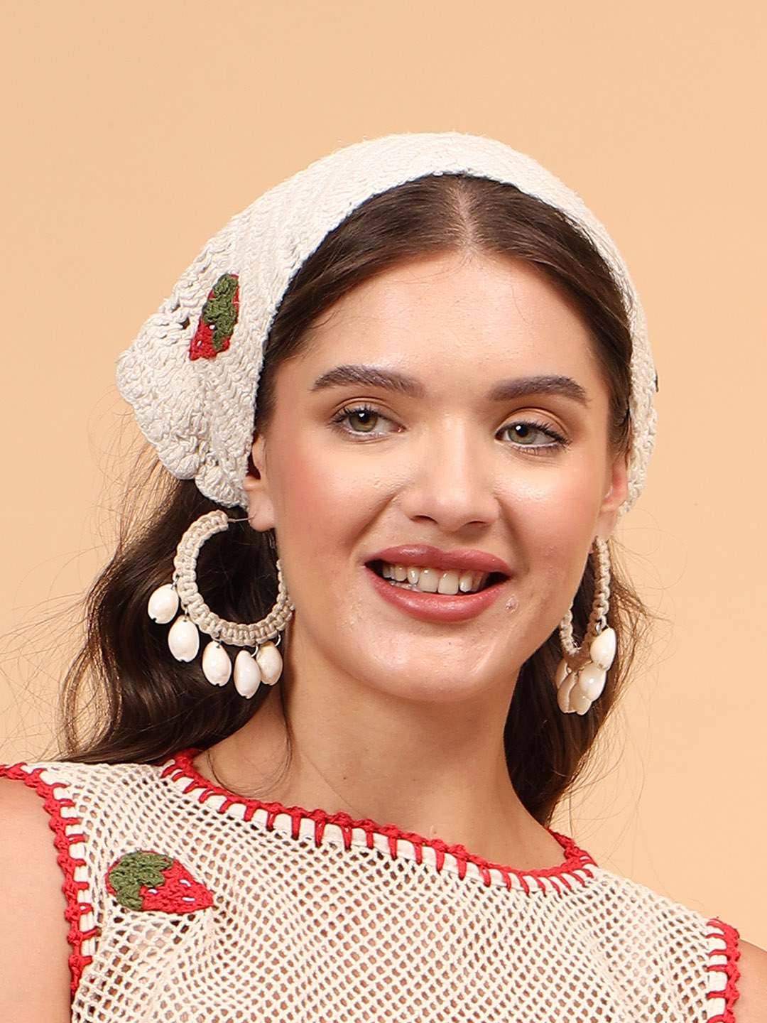 Women Crochet Strawberry Head Scarf - Offwhite