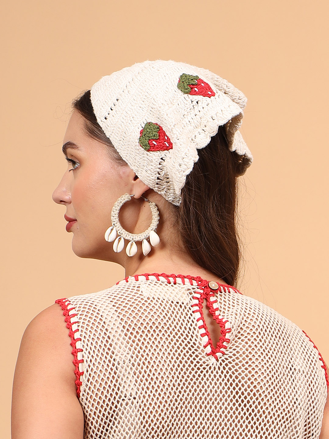 Women Crochet Strawberry Head Scarf - Offwhite