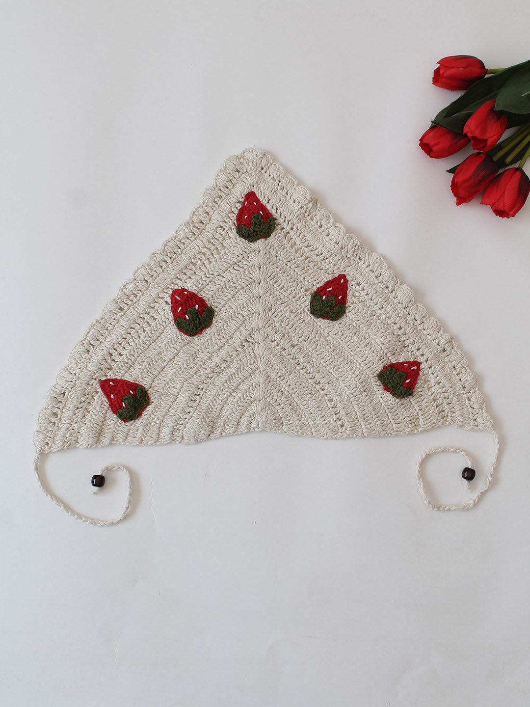 Women Crochet Strawberry Head Scarf - Offwhite