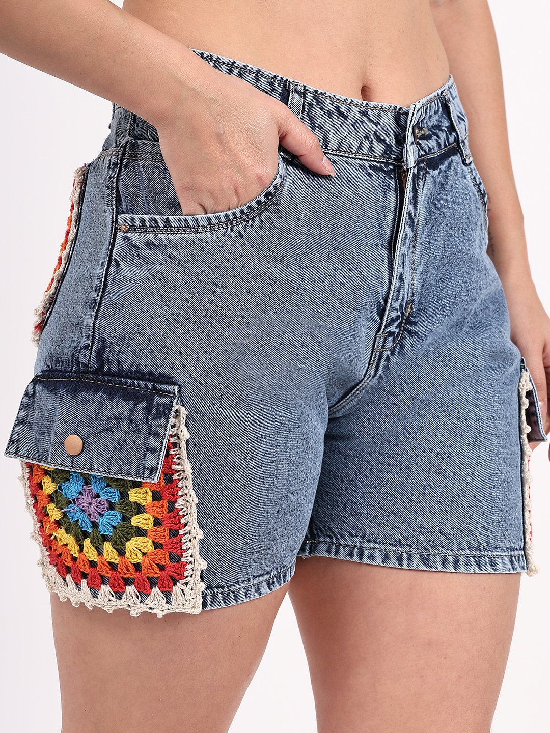 Denim Shorts with Crochet Pockets