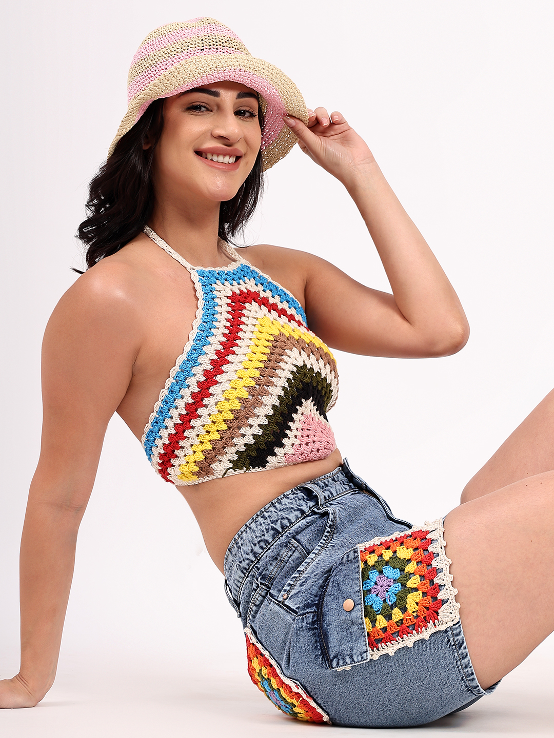 Denim Shorts with Crochet Pockets
