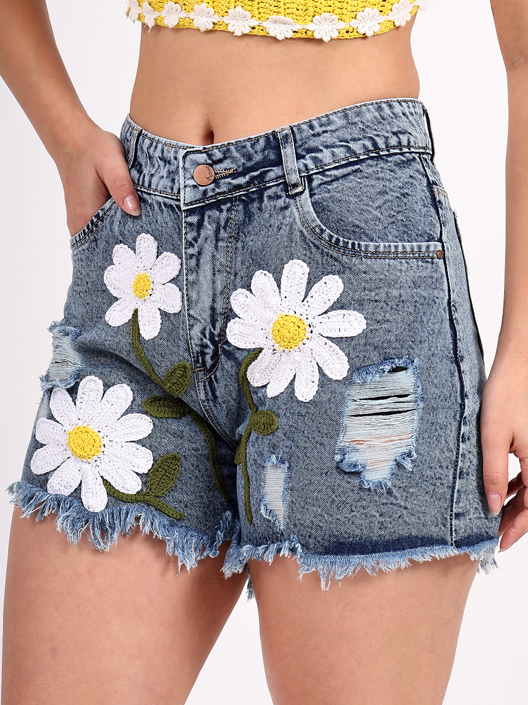 Denim Shorts with Crochet Daisy Appliques