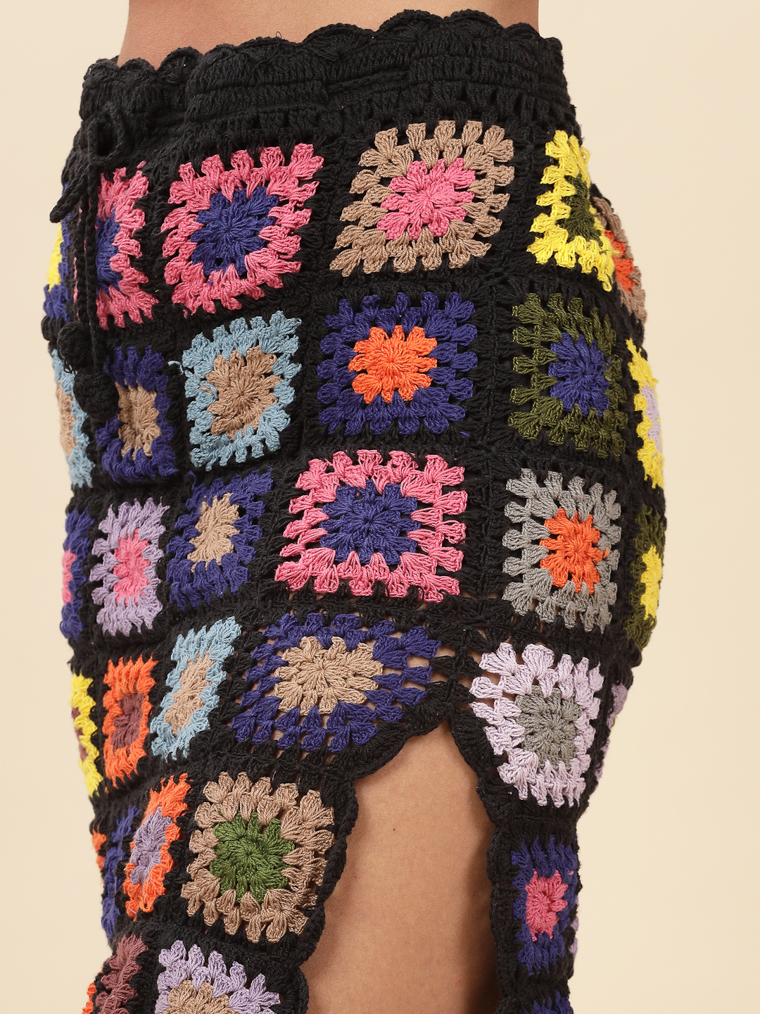 Velvery Crochet Black & Multi Knitted Mini Skirt