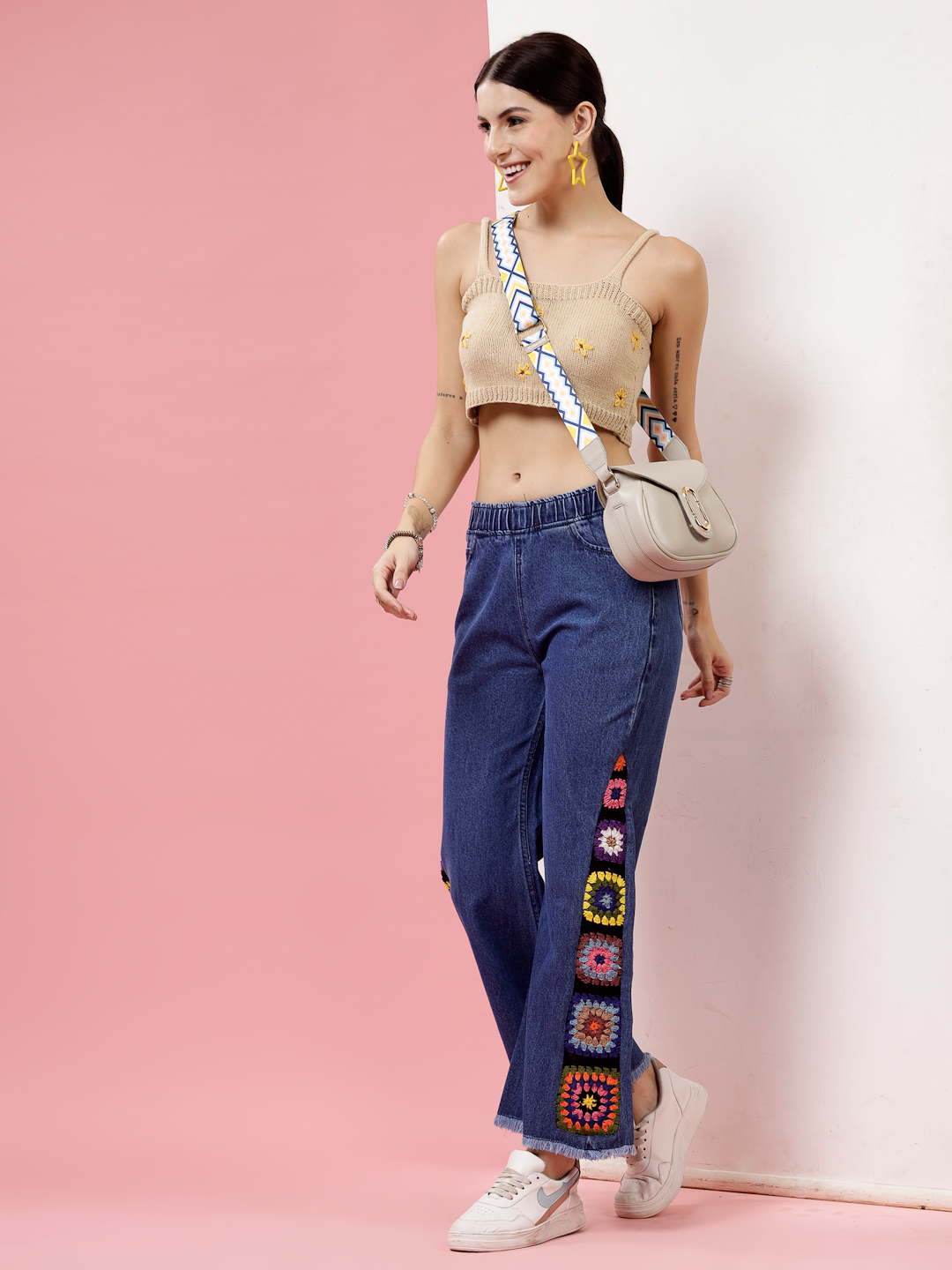 Velvery Blue Denim Granny Square Crochet Design Jeans