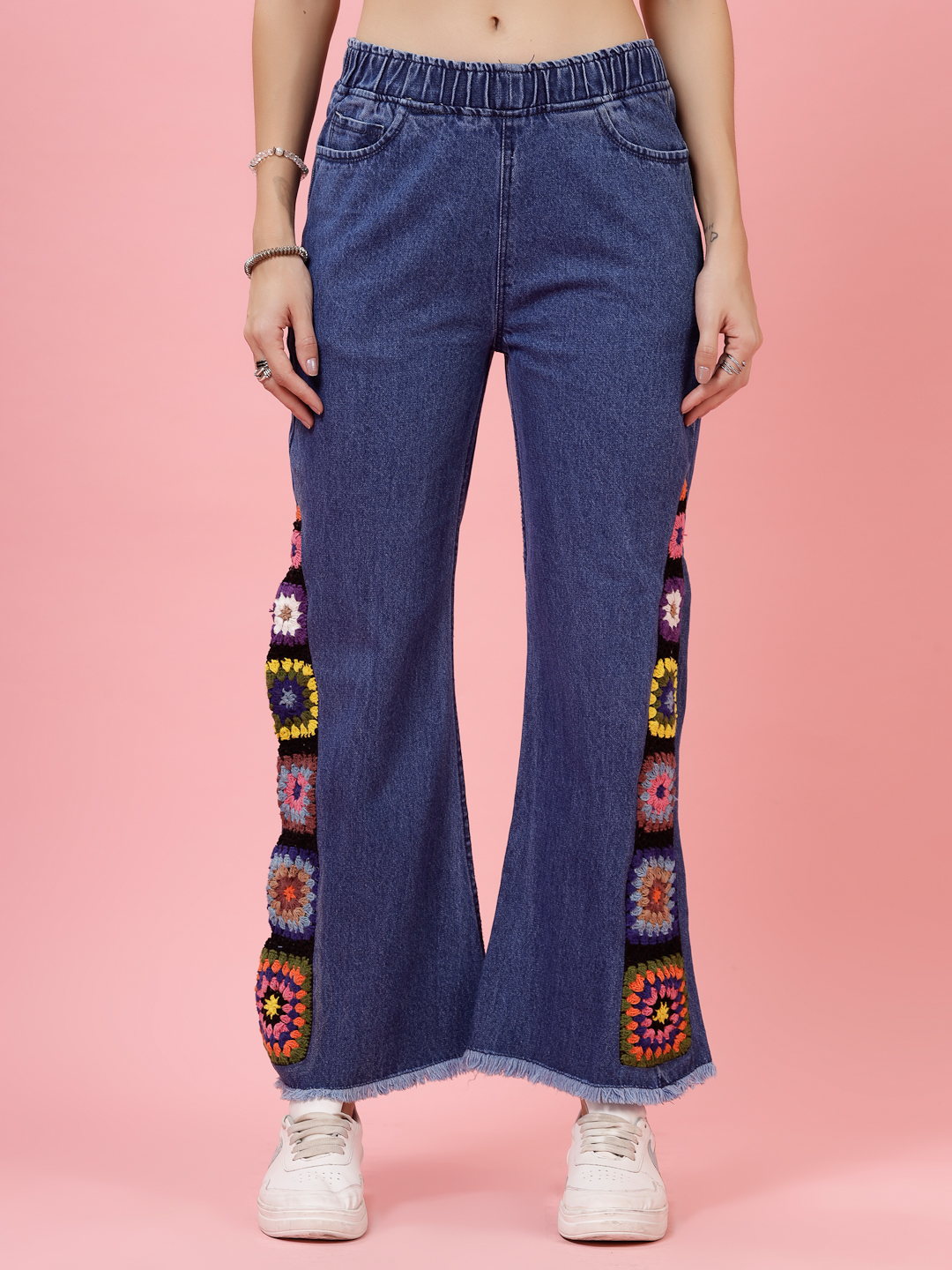 Velvery Blue Denim Granny Square Crochet Design Jeans