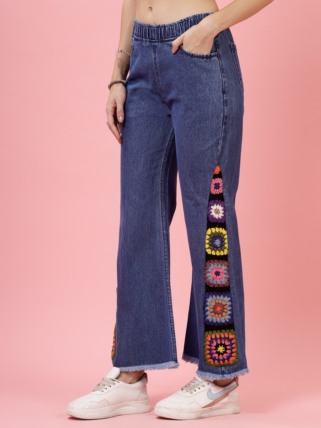 Velvery Blue Denim Granny Square Crochet Design Jeans