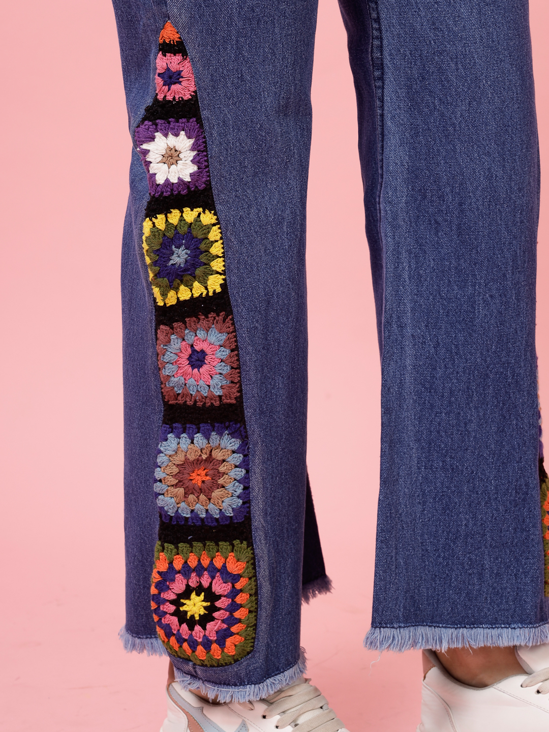 Velvery Blue Denim Granny Square Crochet Design Jeans