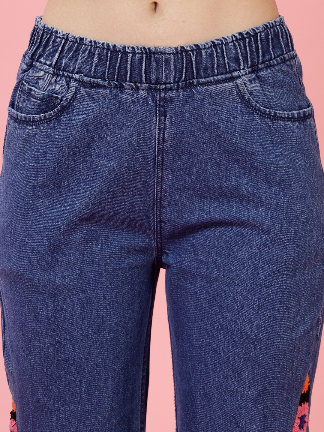 Velvery Blue Denim Granny Square Crochet Design Jeans