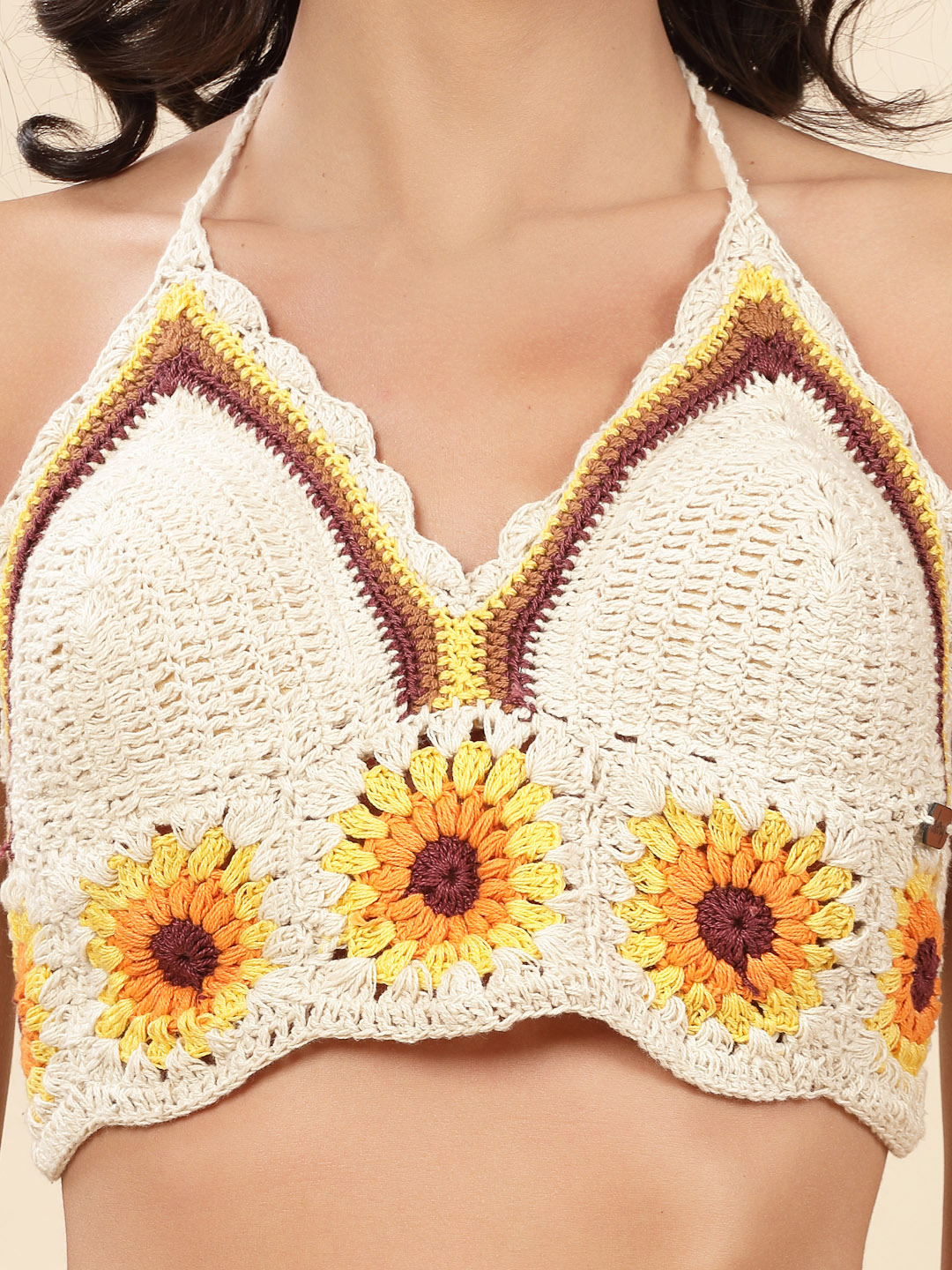 Velvery Handmade Off White & Orange Sun Flower Two Piece Co ord Set