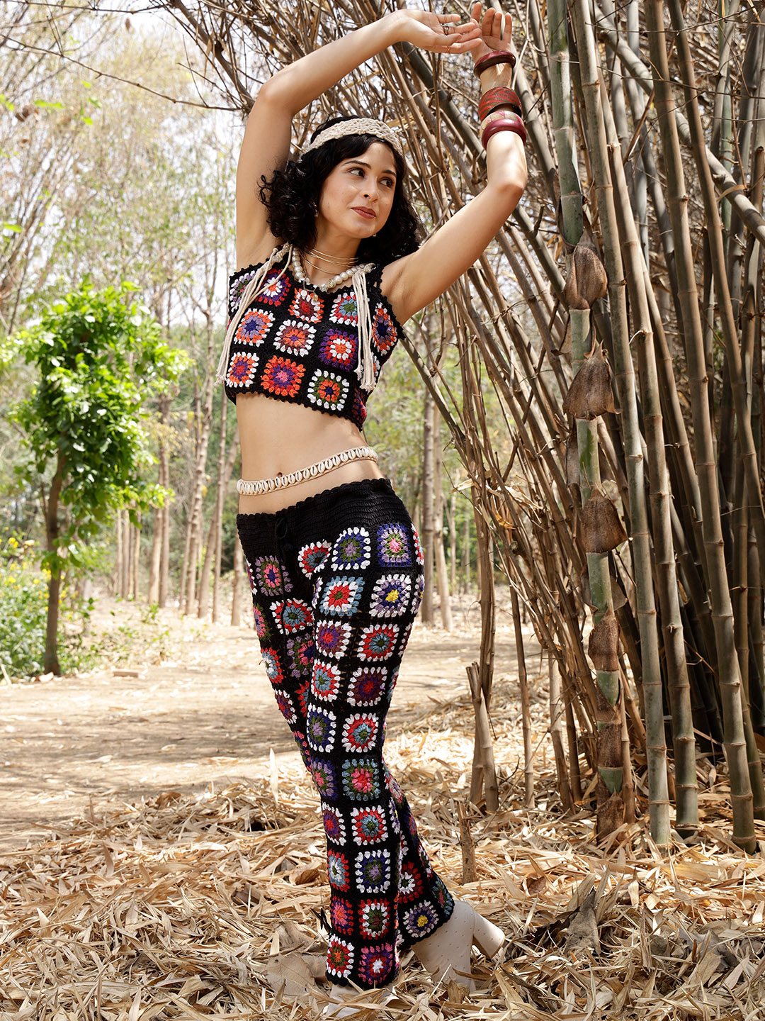 Velvery Handmade Black & Multi Granny Stitch Two Piece Co ord Set
