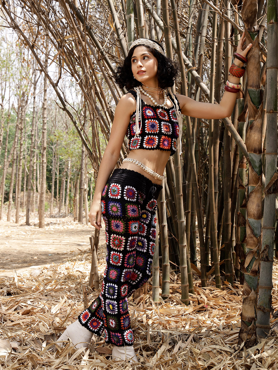 Velvery Handmade Black & Multi Granny Stitch Two Piece Co ord Set