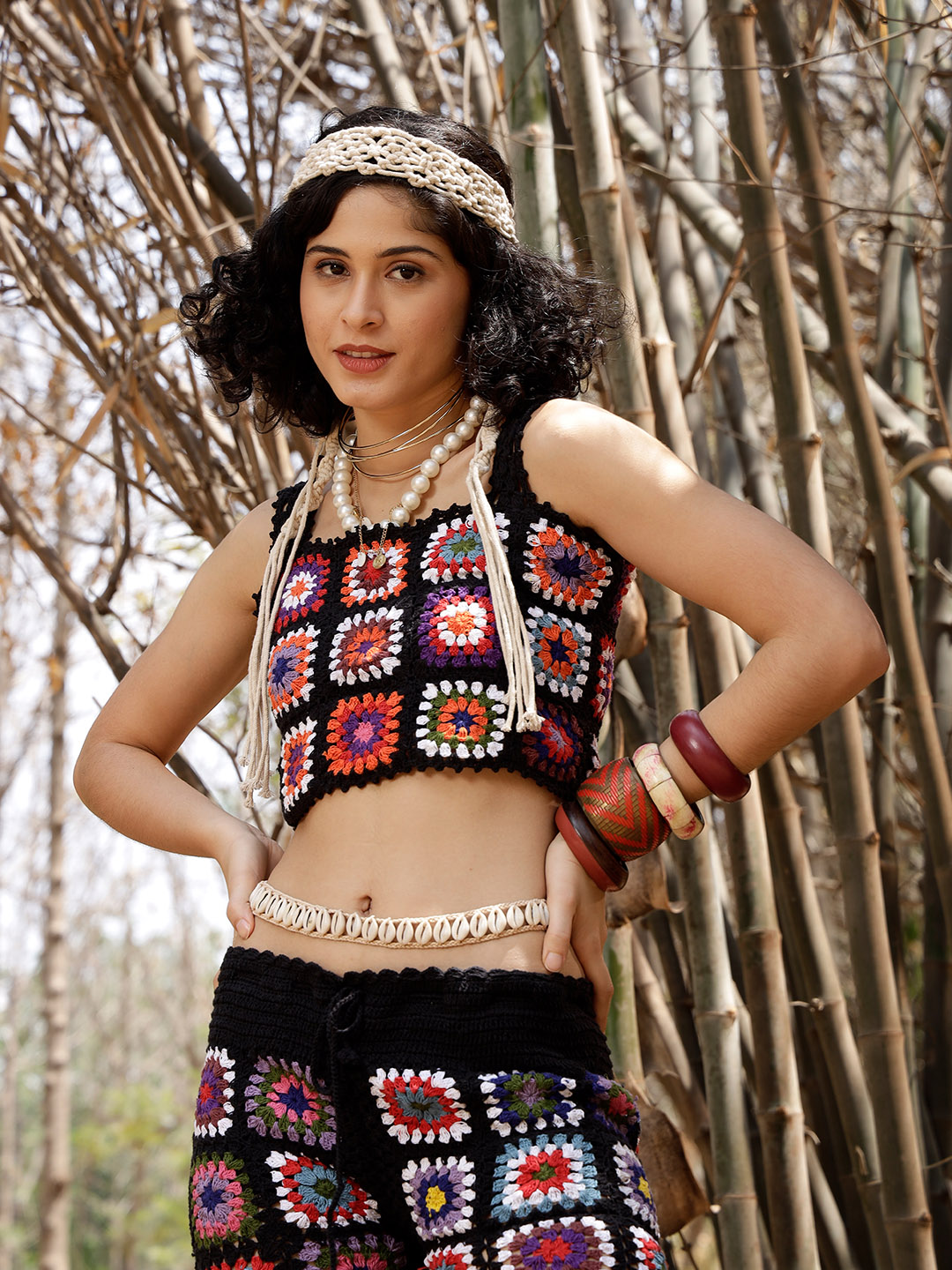 Velvery Handmade Black & Multi Granny Stitch Two Piece Co ord Set