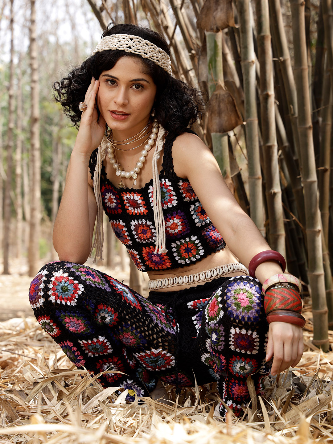Velvery Handmade Black & Multi Granny Stitch Two Piece Co ord Set