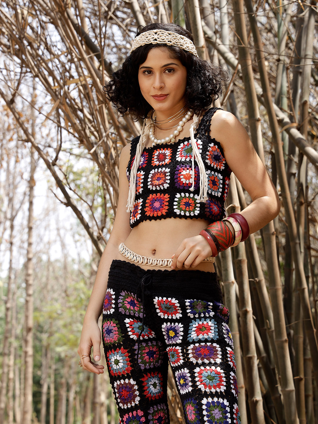 Velvery Handmade Black & Multi Granny Stitch Two Piece Co ord Set