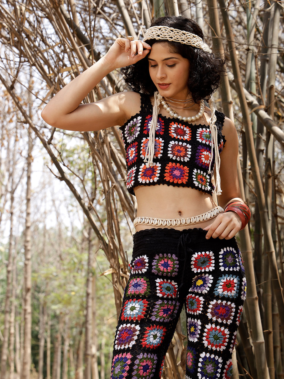 Velvery Handmade Black & Multi Granny Stitch Two Piece Co ord Set