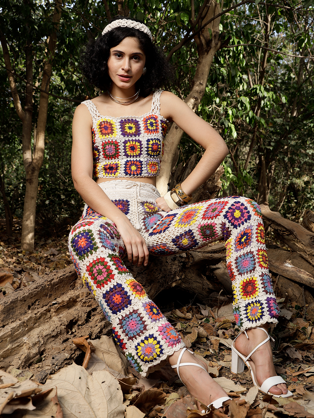 Velvery Handmade Off White & Multi Granny Stitch Two Piece Co ord Set