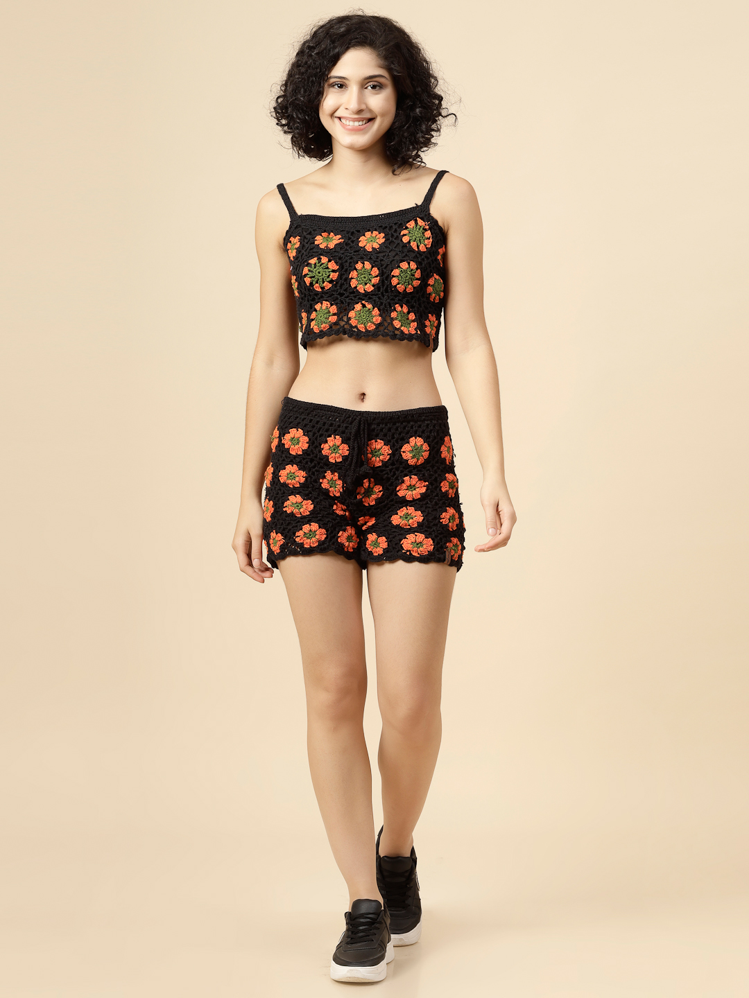 Velvery Handmade Black & Orange Floral Two Piece Co ord Set