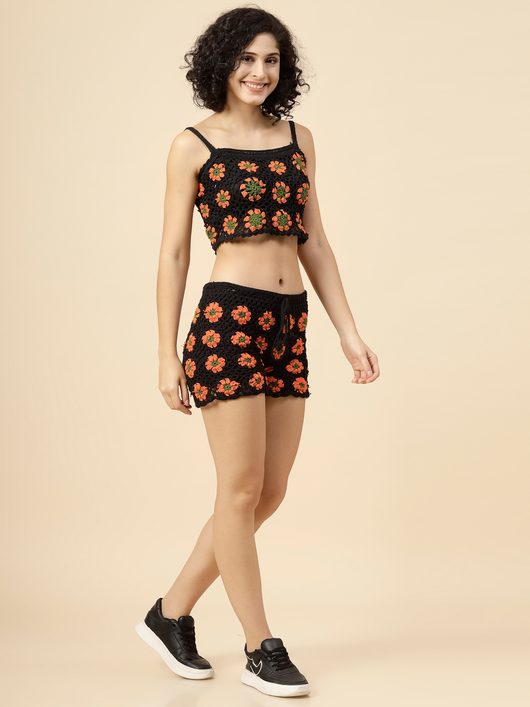 Velvery Handmade Black & Orange Floral Two Piece Co ord Set