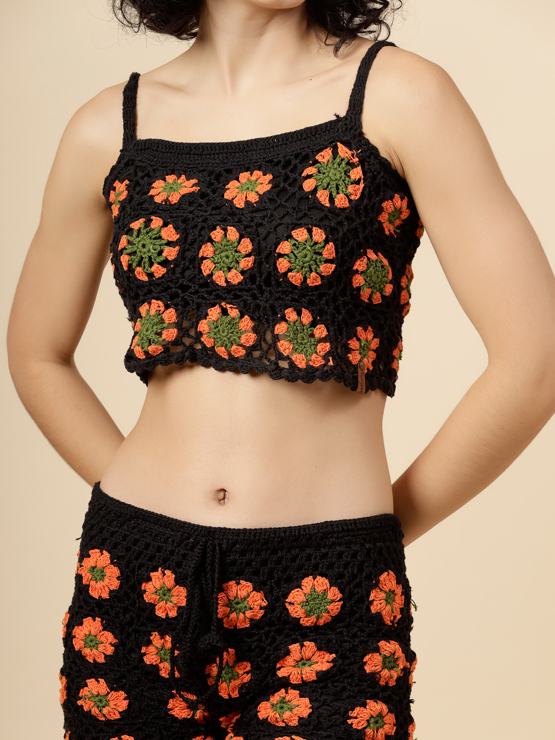 Velvery Handmade Black & Orange Floral Two Piece Co ord Set