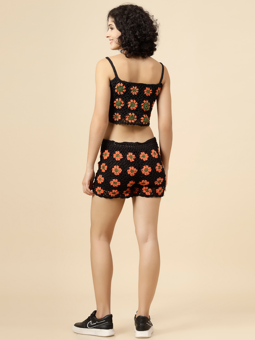 Velvery Handmade Black & Orange Floral Two Piece Co ord Set