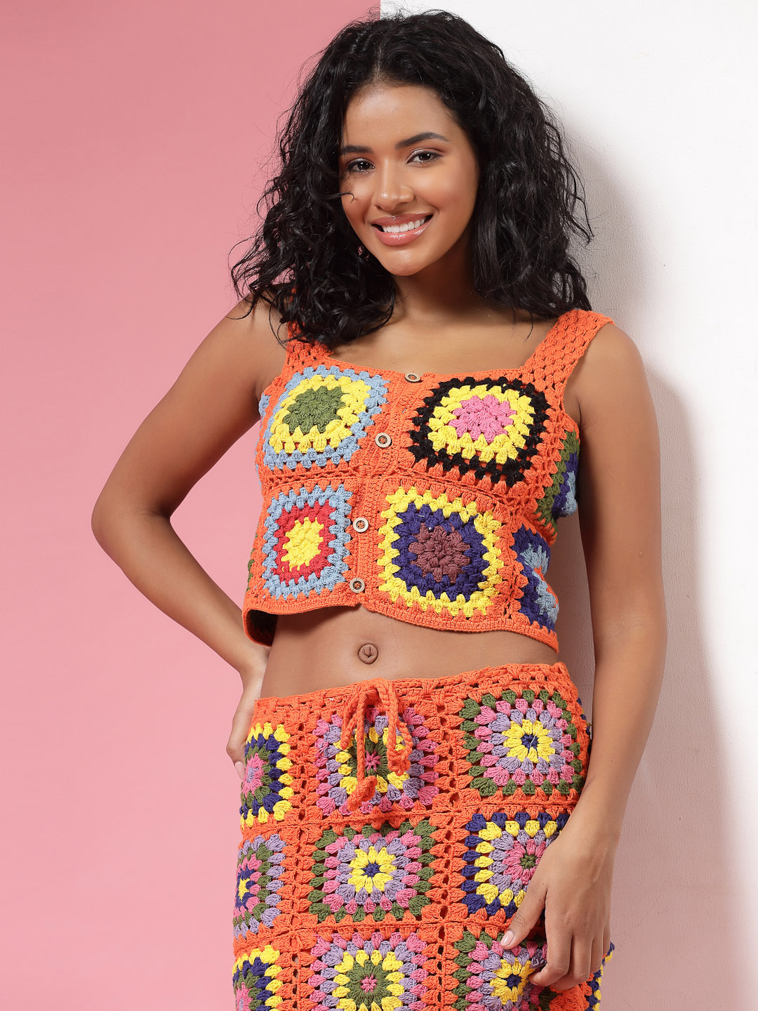 Velvery Handmade Orange & Multi Granny Stitch Two Piece Co ord Set
