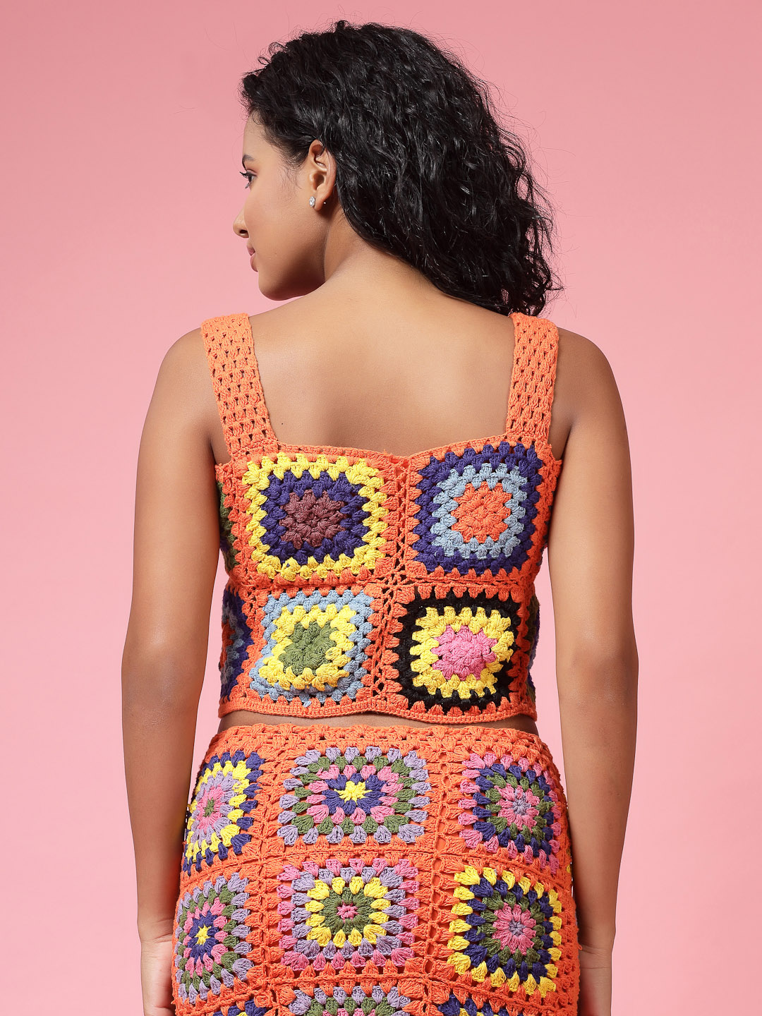 Velvery Handmade Orange & Multi Granny Stitch Two Piece Co ord Set
