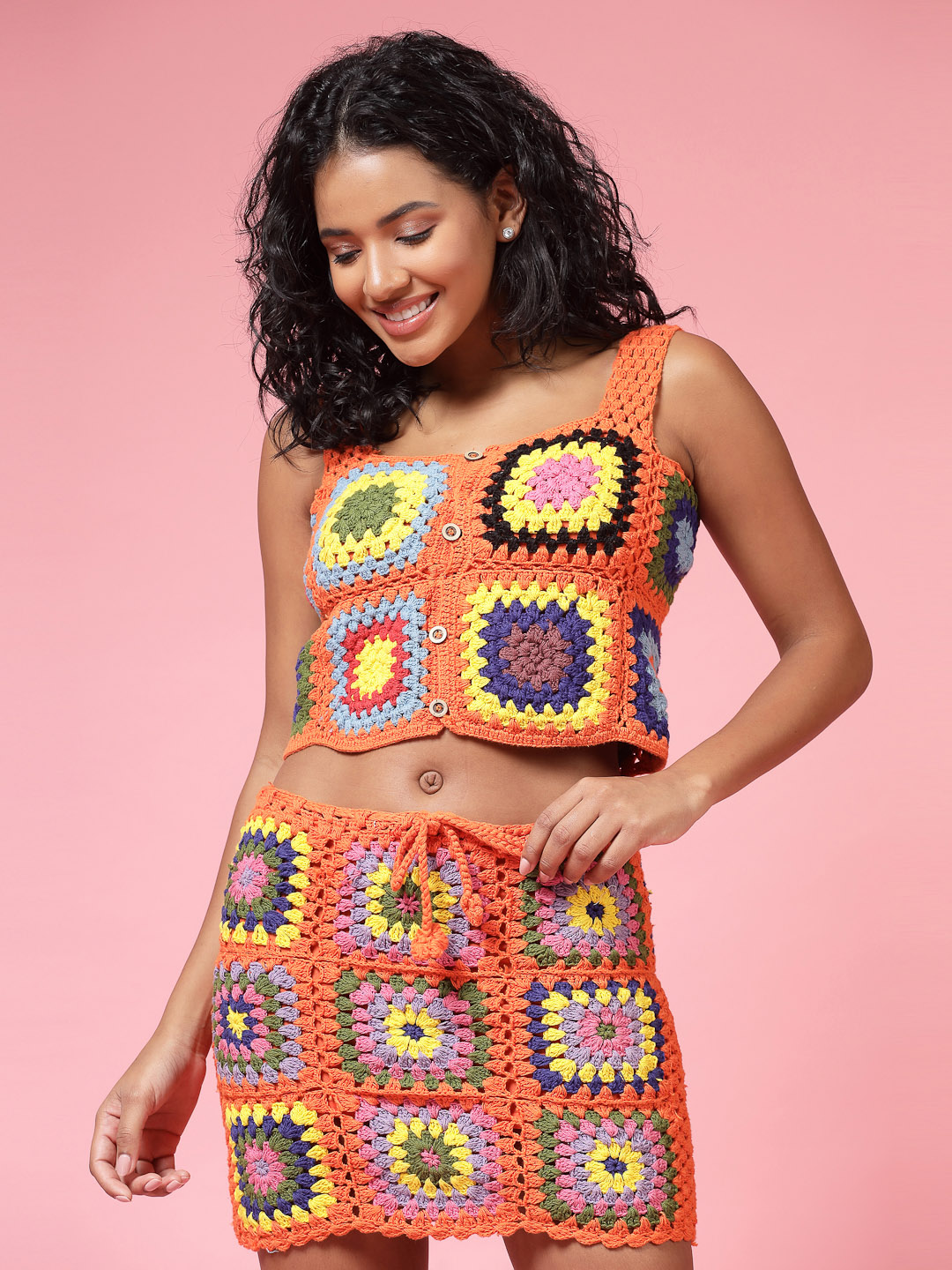 Velvery Handmade Orange & Multi Granny Stitch Two Piece Co ord Set