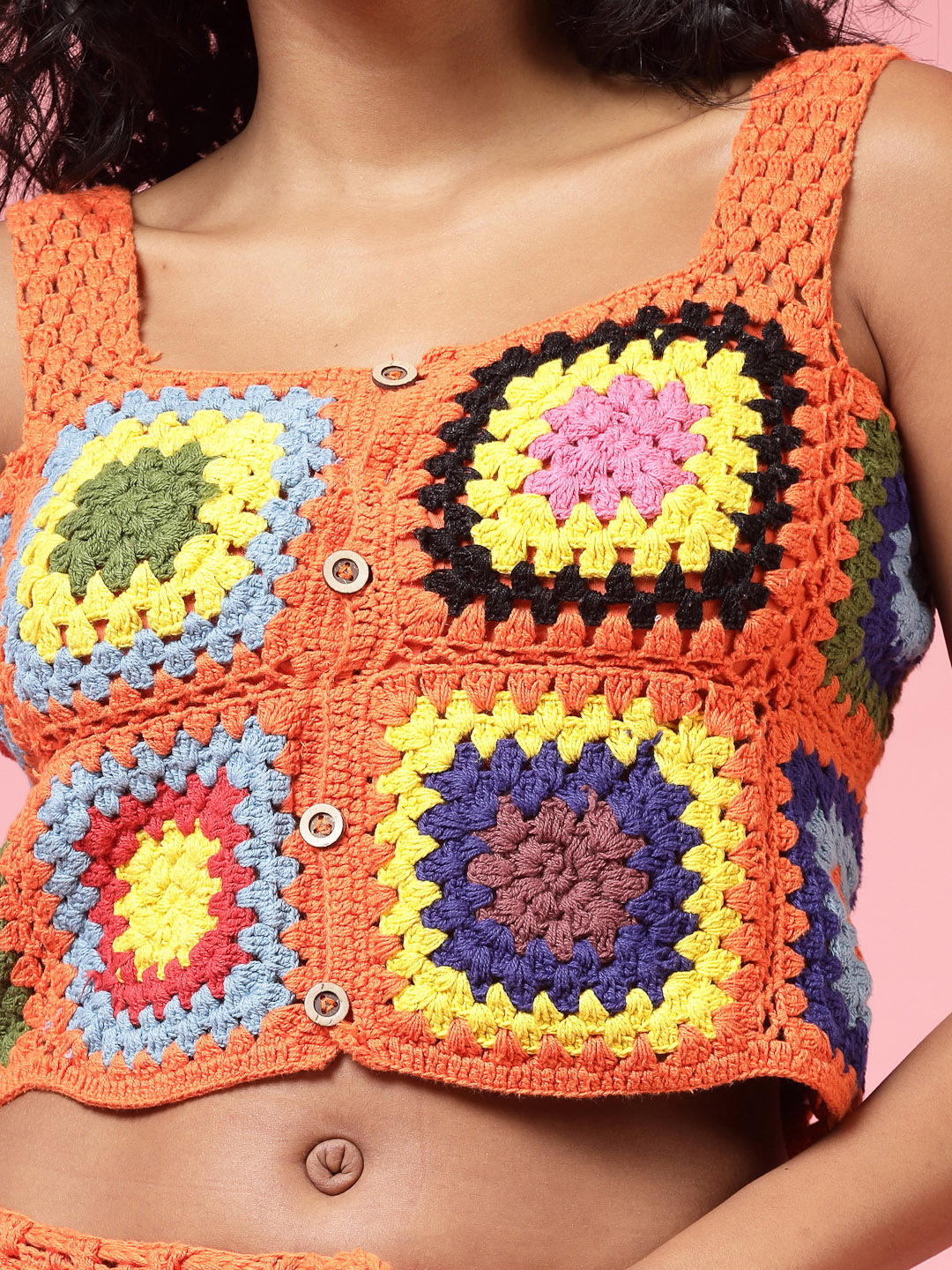 Velvery Handmade Orange & Multi Granny Stitch Two Piece Co ord Set